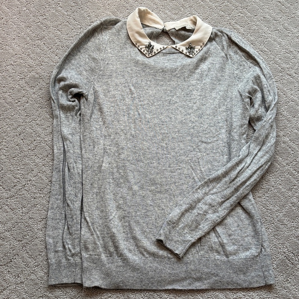 Loft Chic Gray Sweater with Embellished Collar